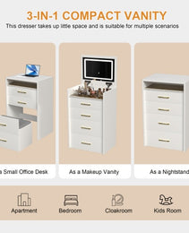3 In 1 Vanity Desk With Open Top Mirror,Small Make Up Vanity Set With Visible Glass Desktop,Compact Makeup Vanity With 3 Drawers,Dressing Table For Bedroom - CJDS
