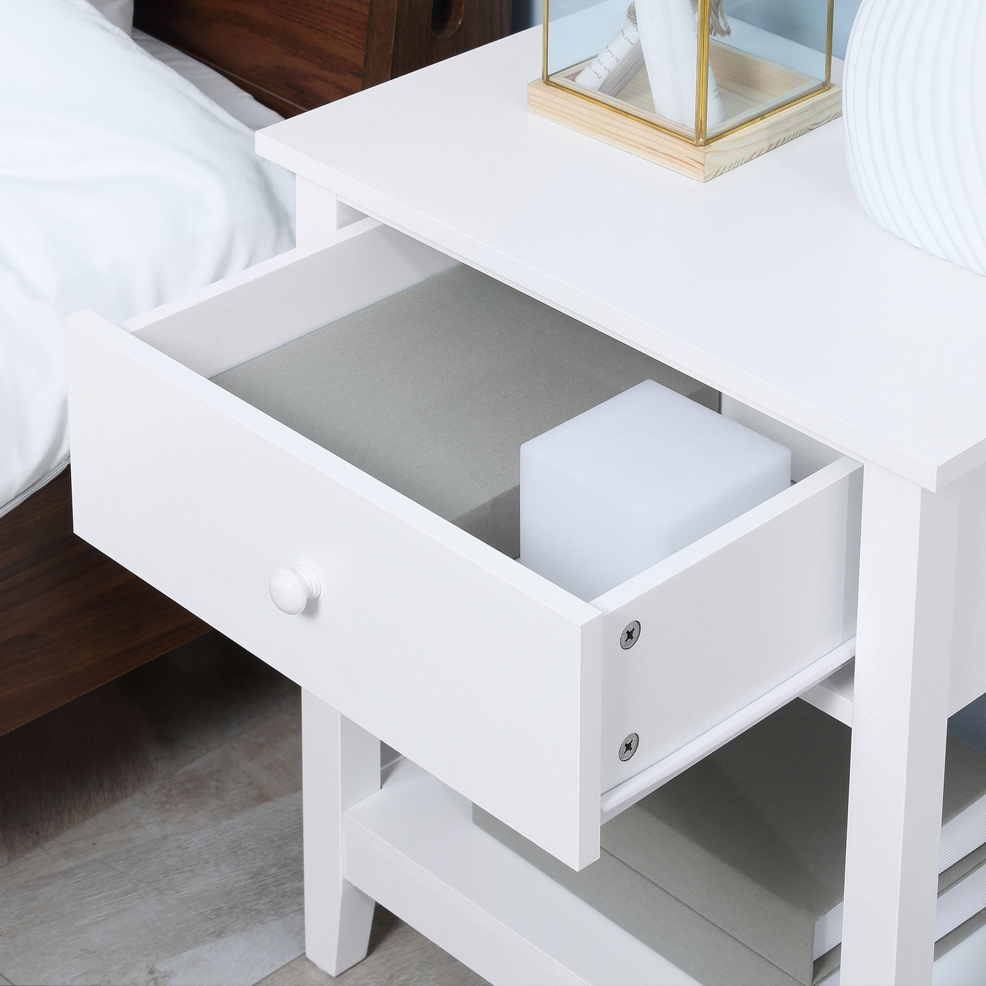 End Table, 2-tier Side Table with Drawer and Storage Shelf, Modern Side Table for Living Room, White