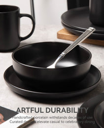 12-Piece Stoneware Dinnerware Sets With Mugs   Microwave & Dishwasher Safe    Non-Toxic Dinner Plates Bowls Set   Stackable Matte Glaze Kitchenware For 3,Black