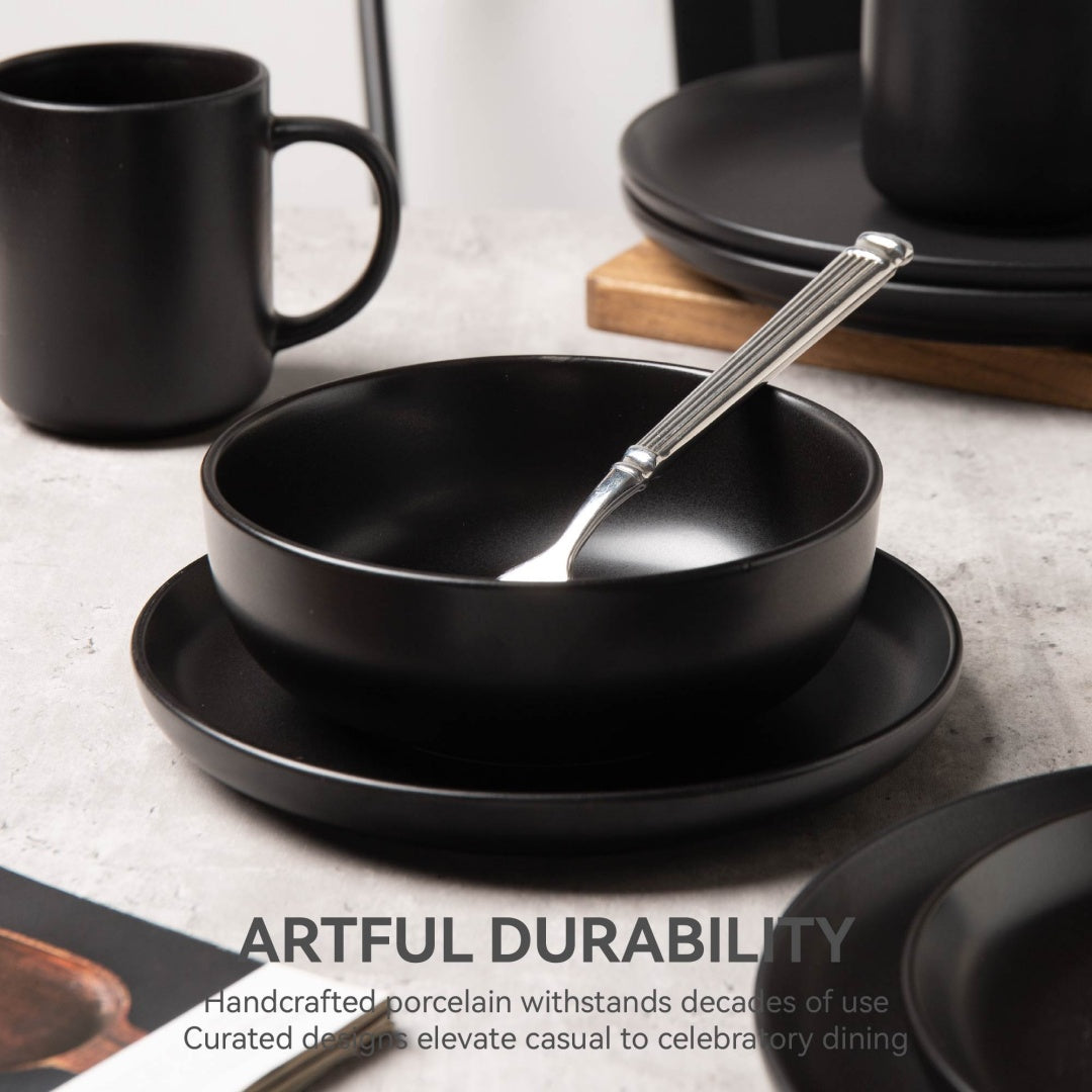 12-Piece Stoneware Dinnerware Sets With Mugs   Microwave & Dishwasher Safe    Non-Toxic Dinner Plates Bowls Set   Stackable Matte Glaze Kitchenware For 3,Black