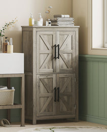 Bathroom Floor Storage Cabinet, Farmhouse Bathroom Cabinet with 4 Doors and Adjustable Shelf, Light Gray
