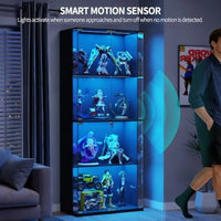 Locking Glass Display Cabinet with LED Lights and Motion Sensor for retail use, tempered glass, black, secure locking mechanism