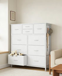 10-Drawer Dresser With Side Pocket & Hooks, Storage Cabinet With Wood Top For Bedroom Closet Organization
