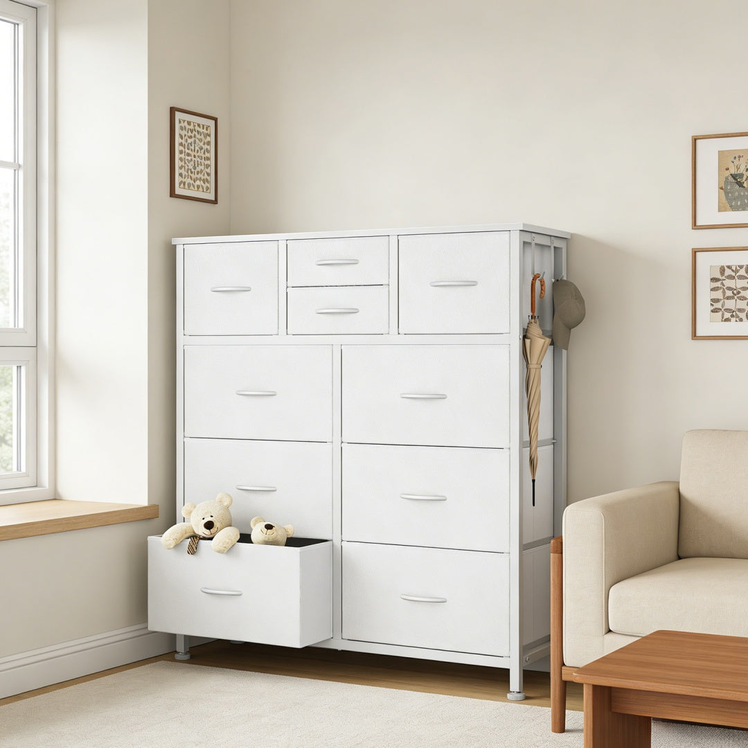 10-Drawer Dresser With Side Pocket & Hooks, Storage Cabinet With Wood Top For Bedroom Closet Organization