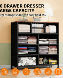 10-Drawer Dresser With Side Pocket & Hooks, Storage Cabinet With Wood Top For Bedroom Closet Organization
