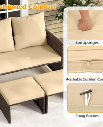Outdoor Patio Furniture Set, PE Rattan Loveseat & 2 Ottomans Removable Cushions Metal Frame