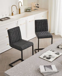 Bar Stool - Speckled Gray Textured Fabric With Vertical Tufted Backrest    Sturdy Black Metal Frame & Footrest For Kitchen Island & Home Bar 2 Sets