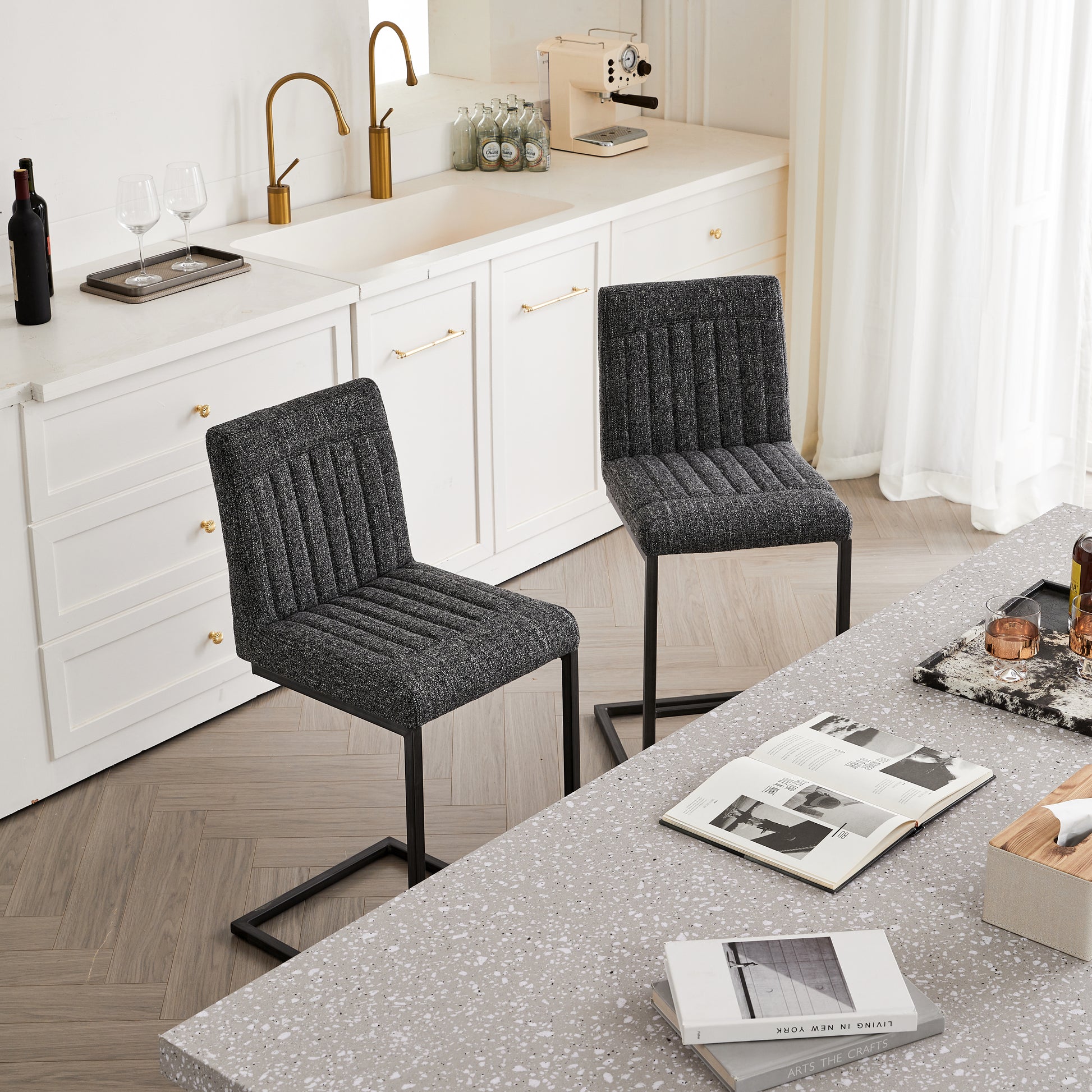 Bar Stool - Speckled Gray Textured Fabric With Vertical Tufted Backrest    Sturdy Black Metal Frame & Footrest For Kitchen Island & Home Bar 2 Sets