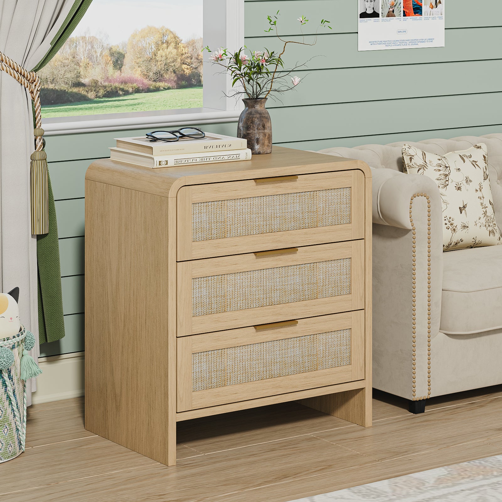 Rattan Nightstand 3 Drawers, 22.8  Wide Curved Wooden Bedside Table, Modern Storage For Bedroom, Natural Oak.