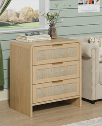 Rattan Nightstand 3 Drawers, 22.8  Wide Curved Wooden Bedside Table, Modern Storage For Bedroom, Natural Oak.