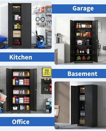 72H Metal Garage Storage Cabinet, Black Tool Steel Locking Cabinet With Doors And 4 Shelves, Tall Cabinets For Garage Storage Systems Lockable File Cabinet For Home Office, Classroom Pantry