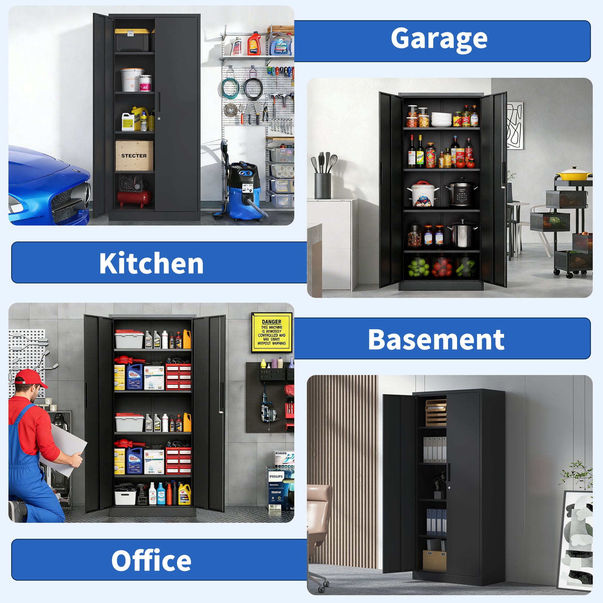 72H Metal Garage Storage Cabinet, Black Tool Steel Locking Cabinet With Doors And 4 Shelves, Tall Cabinets For Garage Storage Systems Lockable File Cabinet For Home Office, Classroom Pantry
