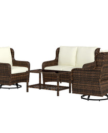 4 Piece Rattan Patio Furniture Set, Conversation Set with Swivel Glider Chairs Table Loveseat for Garden, Patio, Cream