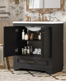30 Luxurious Bathroom Vanity With Ceramic Sink, Bathroom Vanities Cabinet With 2 Large Soft Closing Doors, Solid Wood Frame Bathroom Storage Cabinet