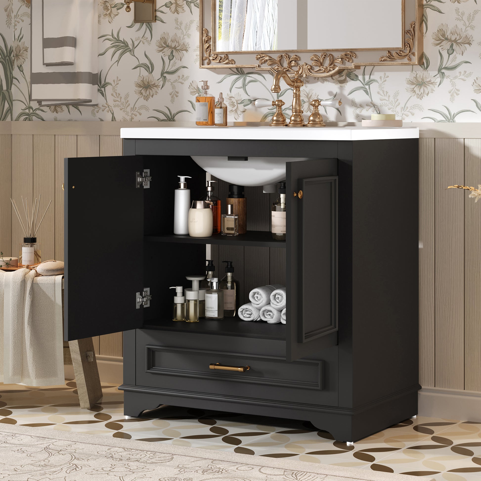 30 Luxurious Bathroom Vanity With Ceramic Sink, Bathroom Vanities Cabinet With 2 Large Soft Closing Doors, Solid Wood Frame Bathroom Storage Cabinet