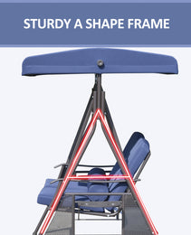 2-Person Patio Swing Bench with Adjustable Shade Canopy, Soft Cushions, Throw Pillows and Tray, Dark Blue
