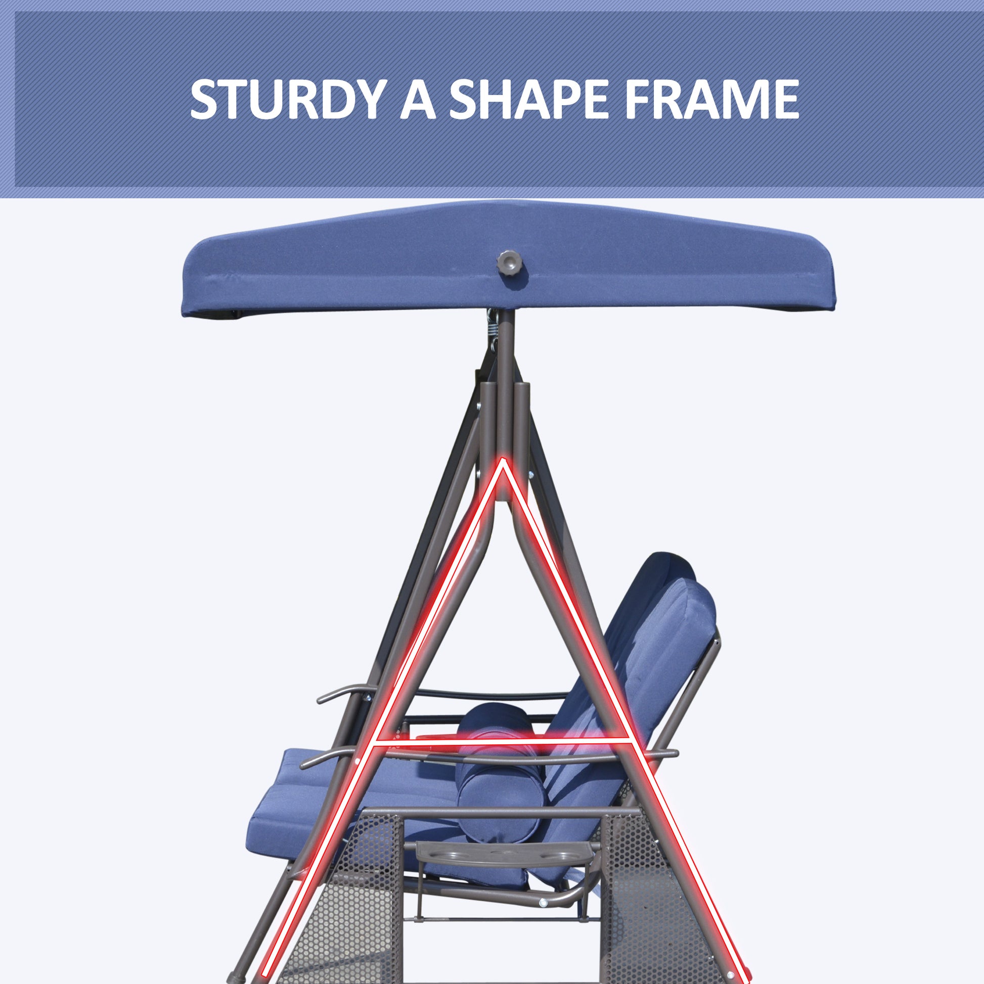 2-Person Patio Swing Bench with Adjustable Shade Canopy, Soft Cushions, Throw Pillows and Tray, Dark Blue