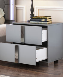 Elegant Nightstand With Metal Foot, Mirrored Bedside Table With 2 Drawers For Bedroom, Living Room, Gray