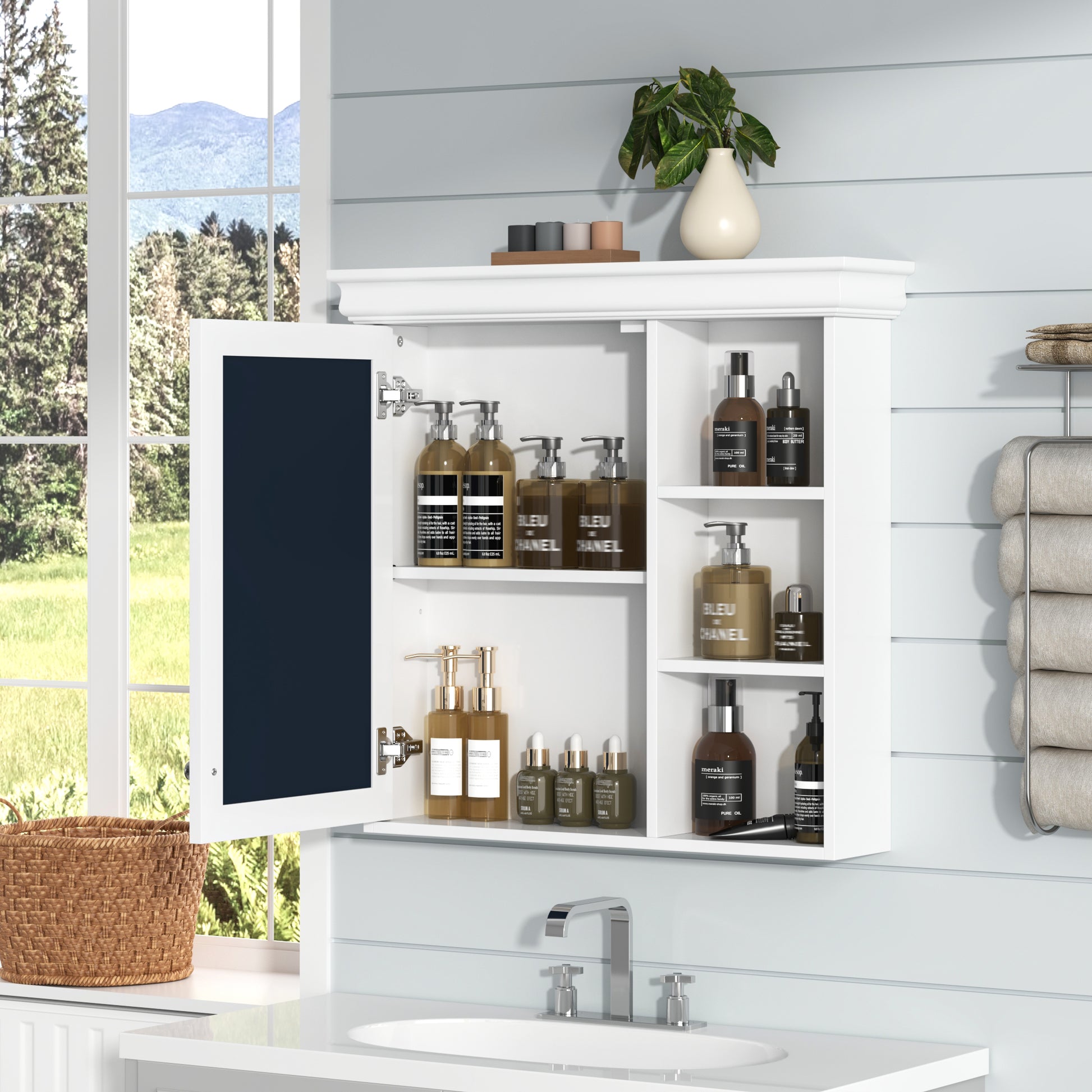 30'' X 28'' Bathroom Medicine Cabinet With Mirror, Wall Mounted Mirror Cabinet With Storage Organizer, Over The Toilet Storage White Storage Cabinet For Bathroom