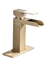 Waterfall Bathroom Faucet Brushed Gold Single Handle Bathroom Sink Faucets 1 Or 3 Hole Solid Vanity Faucet With Deck Plate & Overflow Pop Up Drain Brushed Gold