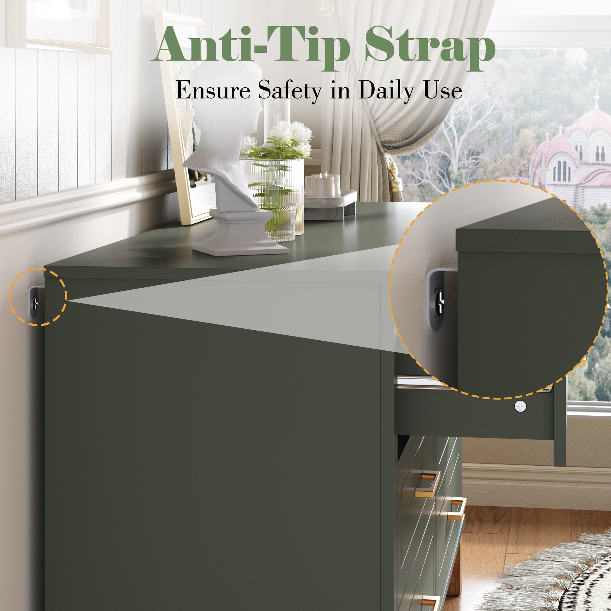 6-Drawer Double Dresser In Olive, Modern Storage Cabinet With Metal Handles & Solid Wood Legs, Dresser Drawer Organizer For Kids Bedroom, Heavy-Duty Wooden Dresser With Pre-Installed