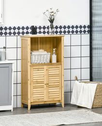 Bamboo Floor Cabinet Bathroom Floor Cabinet Living Room Organizer Tower with Multiple Shelves and Doors, Natural