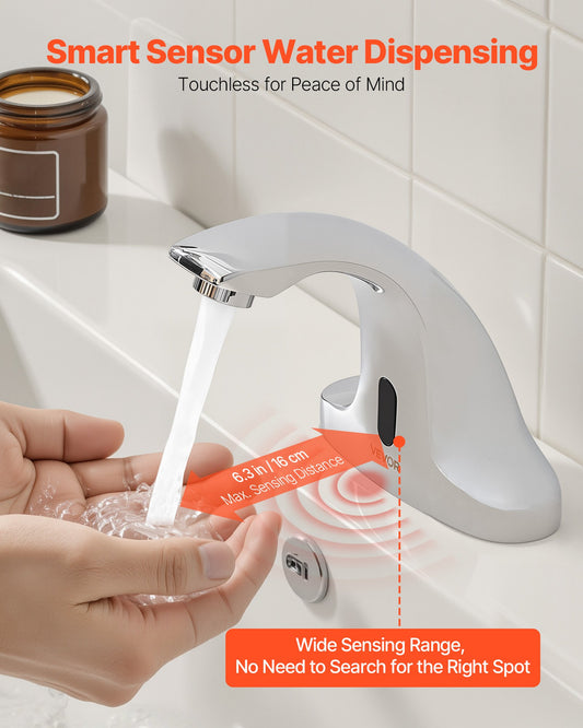 Touchless Bathroom Sink Faucet, Automatic Motion Sensor Restroom Toilet Faucet Cold Water With Hole Cover Plate, Battery Operated For 9/16 In Pipe Commercial Lavatory,Chrome Plated Silver