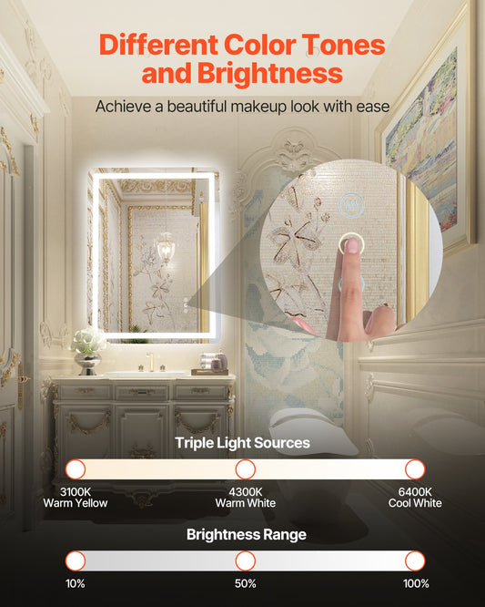 LED Bathroom Mirror, 24" X 32" LED Bathroom Vanity Mirror With Frontlit And Backlit, Anti-Fog Memory Mirror With Lights, Stepless 3 Colors Temperature Dimmable Bathroom Mirror, Wall Mounted