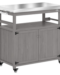 Outdoor Grill Cart w/ Stainless Steel Top, Solid Wood Outdoor Kitchen Island w/ Wheels, Storage Cabinets, Gray