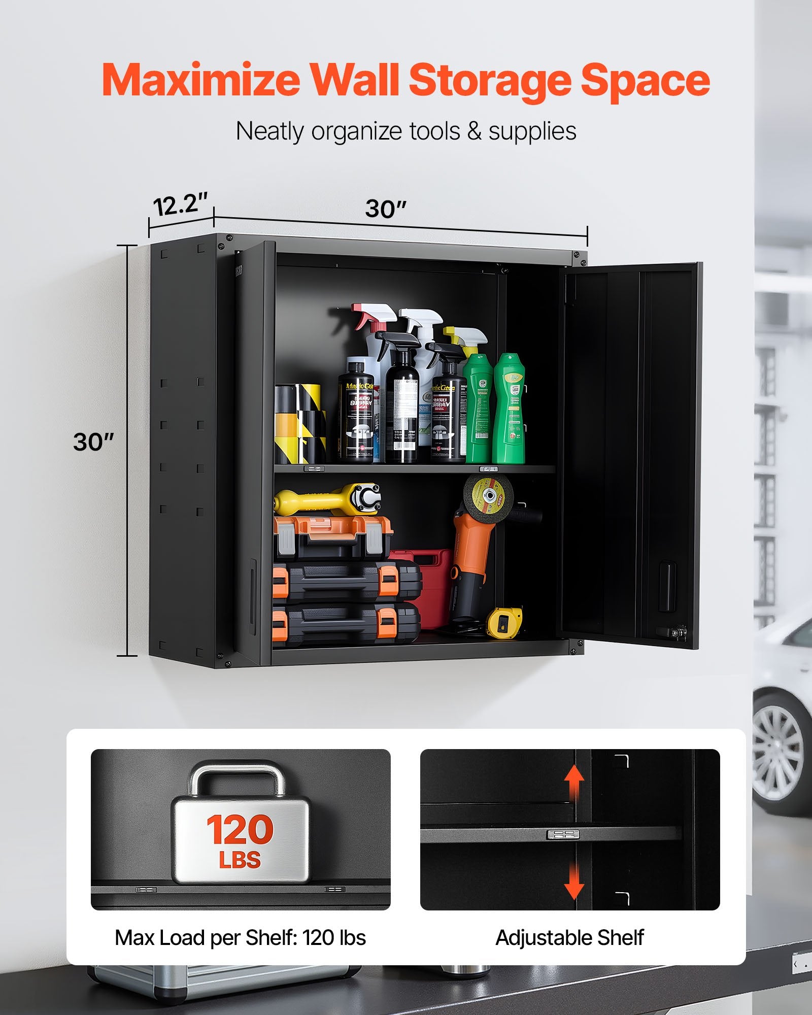 Metal Wall Cabinet, 30W X 12.2D X 30H Inch, Steel Floating Hanging Storage Cabinet With Locking Doors And Adjustable Shelf For Garage, Basement, Kitchen, Warehouse Assembly Required, Black