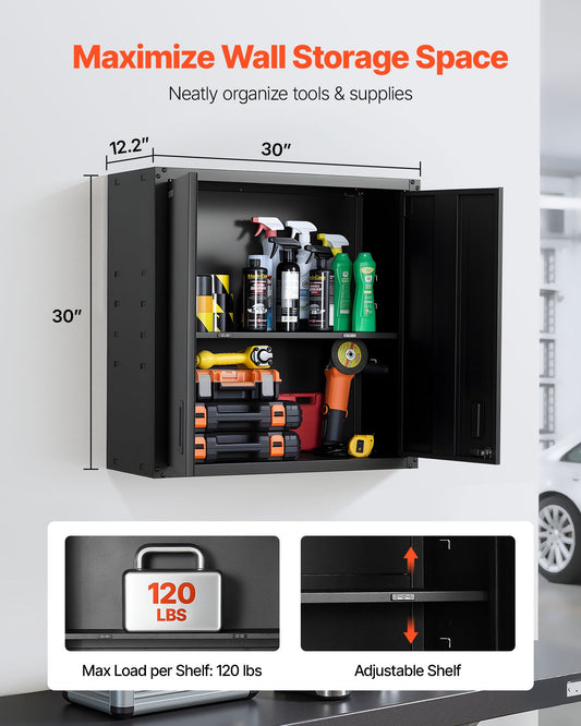 Metal Wall Cabinet, 30W X 12.2D X 30H Inch, Steel Floating Hanging Storage Cabinet With Locking Doors And Adjustable Shelf For Garage, Basement, Kitchen, Warehouse Assembly Required, Black