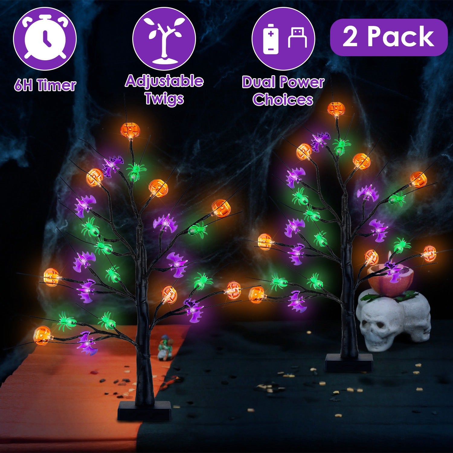 Two lighted black Halloween tabletop trees