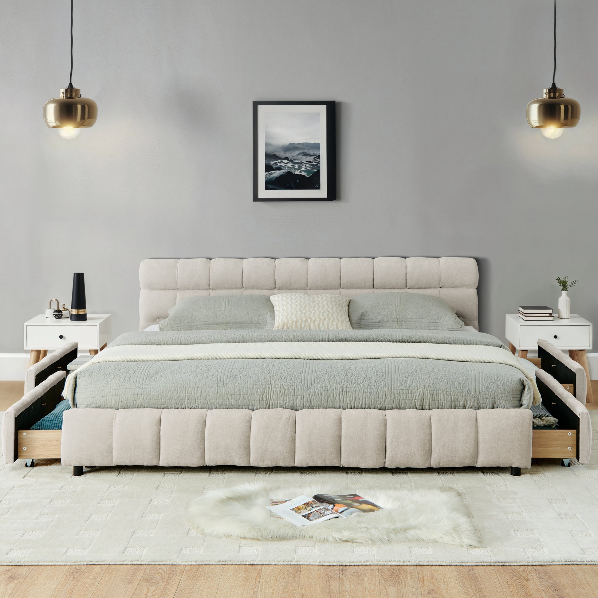 California King Size Upholstered Bed ,comfortable Upholstered Bed Frame, Chenille Fabric, With Headboard And Solid Bed Frame. With Drawer For Storage.-Beige 90.5x80.5x31