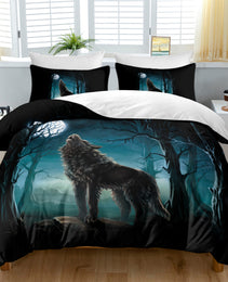 Moon Wolf Bedding Green Watercolor Forest Wolf Landscape Duvet Cover Sets 3 Pieces Wild Animal Bedding Set Twin Full Queen King Size