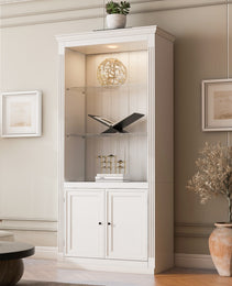 78.75 H 4-Tier Display Shelf, With 5-Colors Dimmable Ceiling Light, Freestanding Farmhouse Bookcases With Storage & Doors, Bookshelf With Adjustable Glass Shelves For Home & Office - White