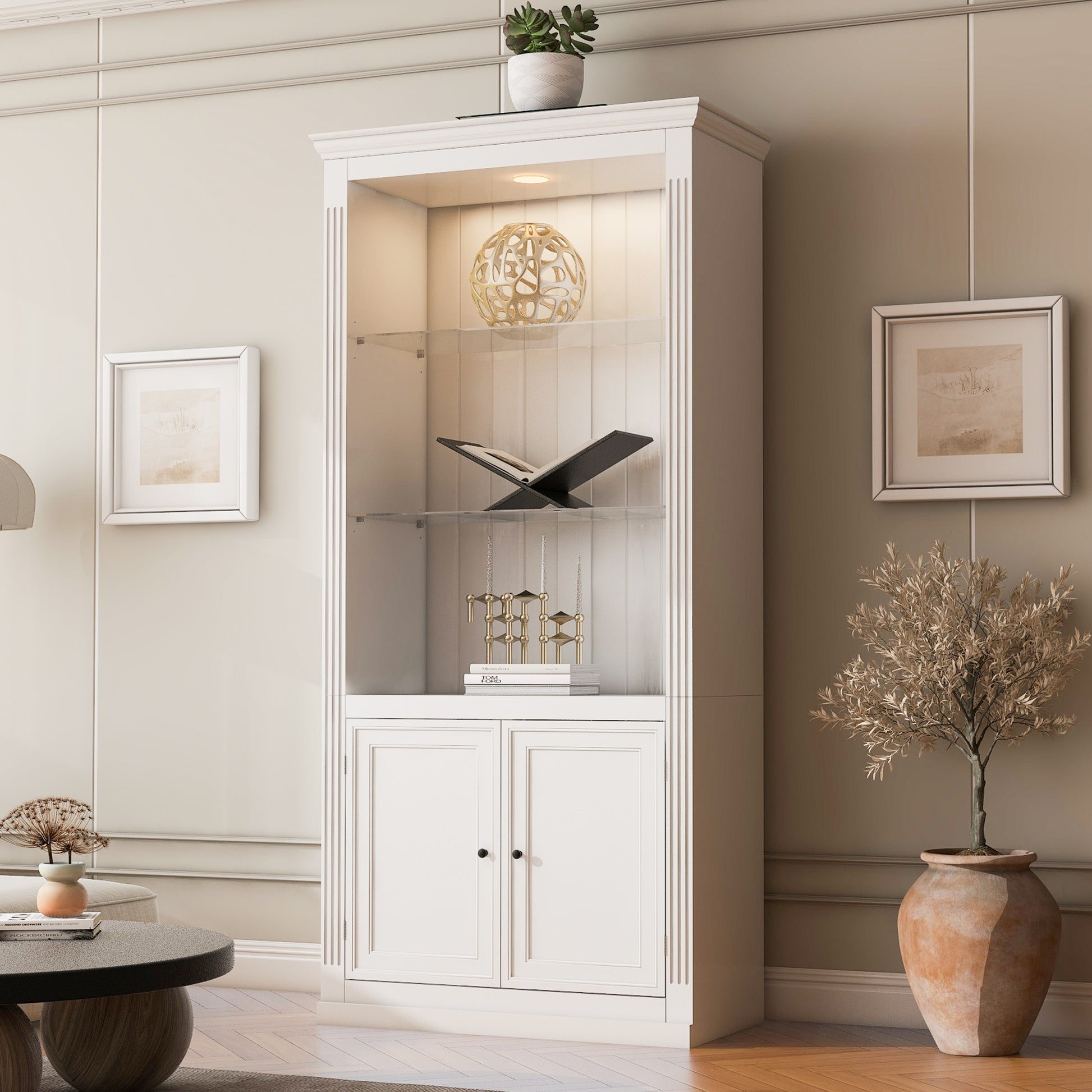 78.75 H 4-Tier Display Shelf, With 5-Colors Dimmable Ceiling Light, Freestanding Farmhouse Bookcases With Storage & Doors, Bookshelf With Adjustable Glass Shelves For Home & Office - White