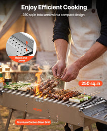 Foldable Charcoal Grill, 250 Sq.in. Portable Charcoal Barbecue Grill With Liftable Charcoal Tray & Side Tables, Brushed Stainless Steel BBQ Cooking Grills For Outdoor Camping Back Yard Parties