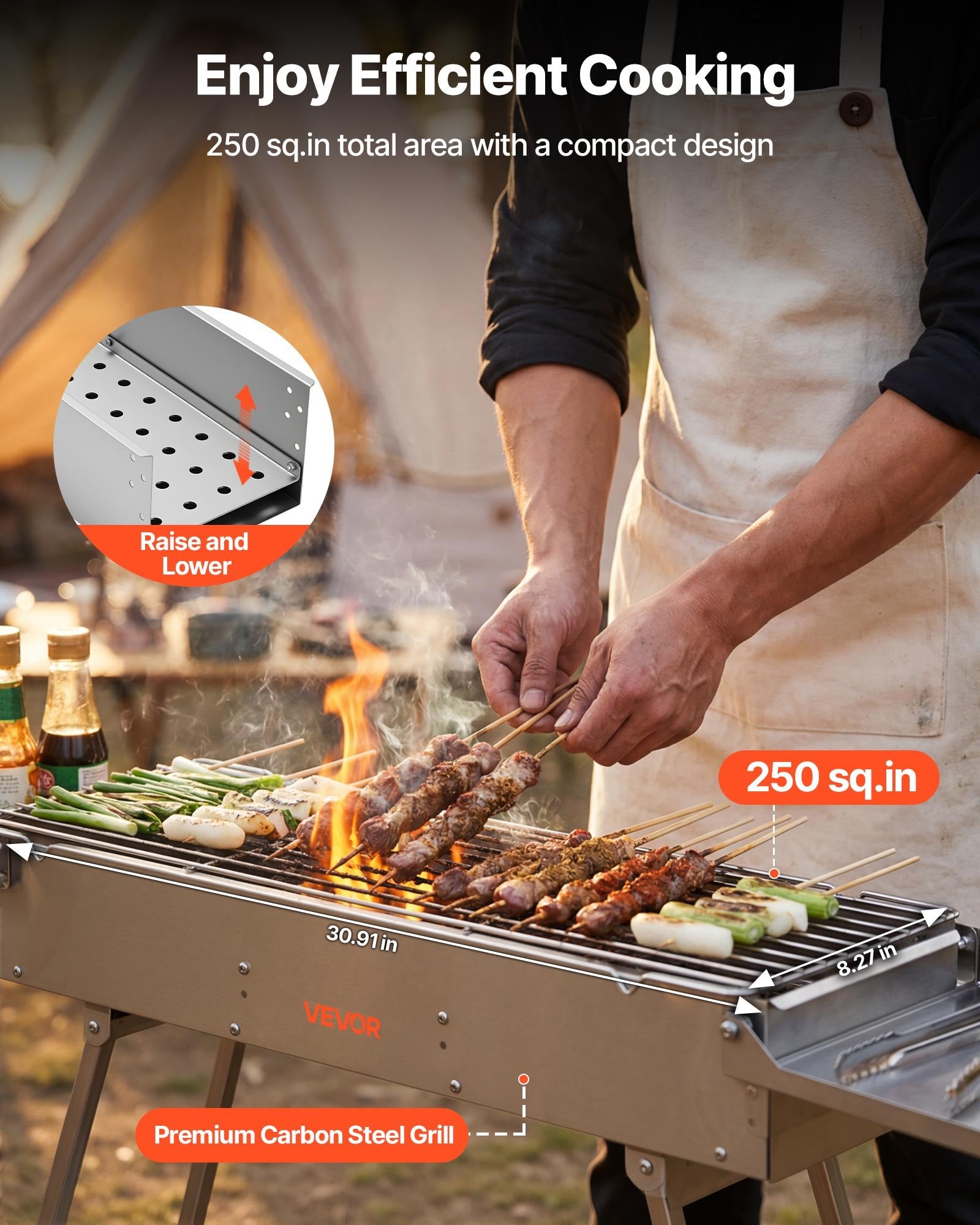 Foldable Charcoal Grill, 250 Sq.in. Portable Charcoal Barbecue Grill With Liftable Charcoal Tray & Side Tables, Brushed Stainless Steel BBQ Cooking Grills For Outdoor Camping Back Yard Parties