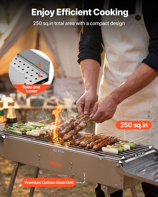 Foldable Charcoal Grill, 250 Sq.in. Portable Charcoal Barbecue Grill With Liftable Charcoal Tray & Side Tables, Brushed Stainless Steel BBQ Cooking Grills For Outdoor Camping Back Yard Parties