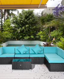 7-Piece Patio Furniture Set, Outdoor Wicker Conversation Set, All Weather PE Rattan Sectional Sofa Set with Cushions and Tempered Glass Top Coffee Table, Pillows, Turquoise