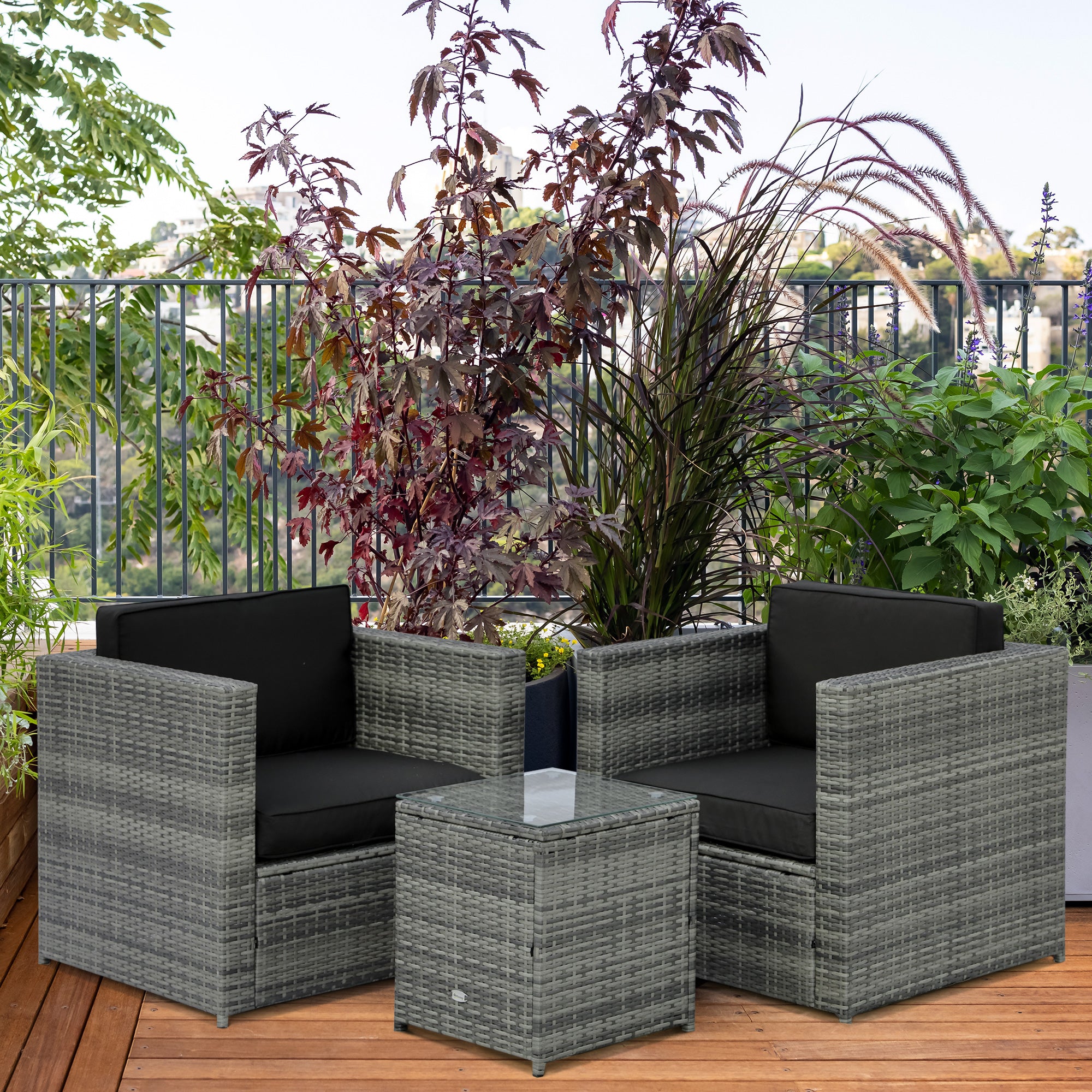 Wicker Bistro Patio Set, 2 Porch Chairs & Glass Table, Black