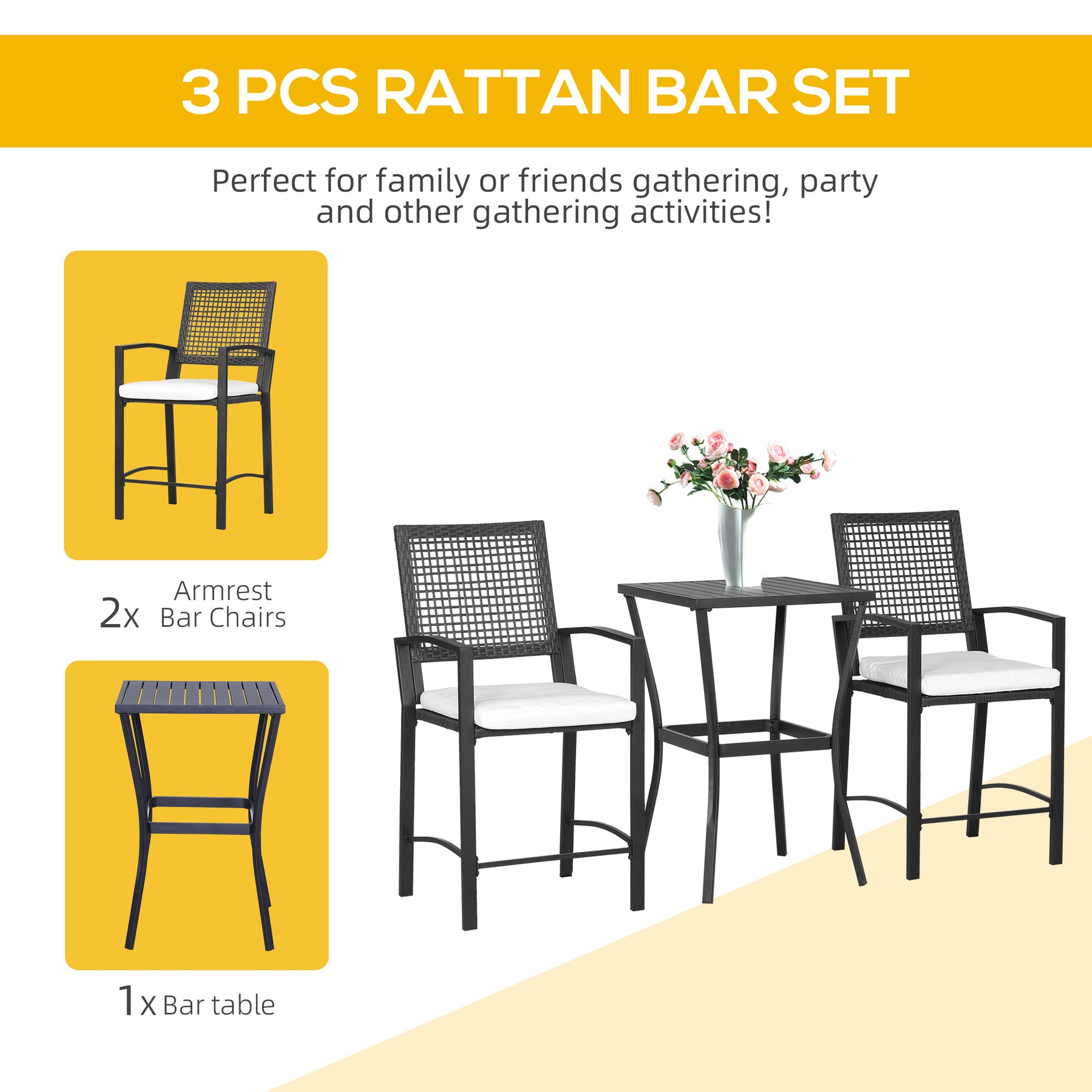 3pcs Patio Bar Set with Soft Cushion
