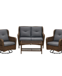 4 Piece PE Rattan Outdoor Patio Furniture Set, Wicker Conversation Set with 2 Swivel Glider Chairs, 2-Tier Glass Table and Loveseat for Garden, Patio, Poolside, Gray