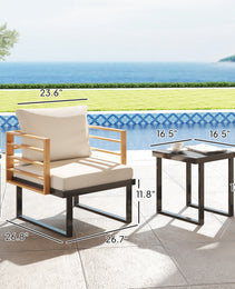 3 Piece Metal Bistro Set, Small Patio Furniture Set With Cushions, Armchairs, Slatted Table For Backyard Balcony, Beige