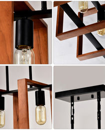 4-Light Kitchen Island Lights Pendant Light Farmhouse Dining Room Light Fixture, Rustic Wood And Black Metal Rectangular Chandelier, Hanging Lighting For Living Room,Conference Room, Home Office - CJDS