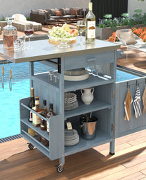 K&K 40.5  Outdoor Grill Cart With Stainless Steel Top, Solid Wood Outdoor Storage Cabinet With Drop Leaf, One Drawer, Towel Rack, Rolling Kitchen Cart With Lockable Wheels For Lawn Garden, Blue Grey