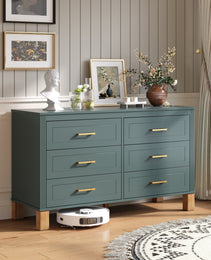 6-Drawer Double Dresser In Green, Modern Storage Cabinet With Metal Handles & Solid Wood Legs, Dresser Drawer Organizer For Kids Bedroom, Heavy-Duty Wooden Dresser With Pre-Installed