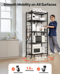 5-Tier Foldable Storage Shelf, 28W X 15D X 64H Inch Folding Metal Rack Shelving Unit, No Assembly Organizer Shelf With 5 Wheels & 4 Hooks For Pantry, Kitchen, Garage, Basement, Black