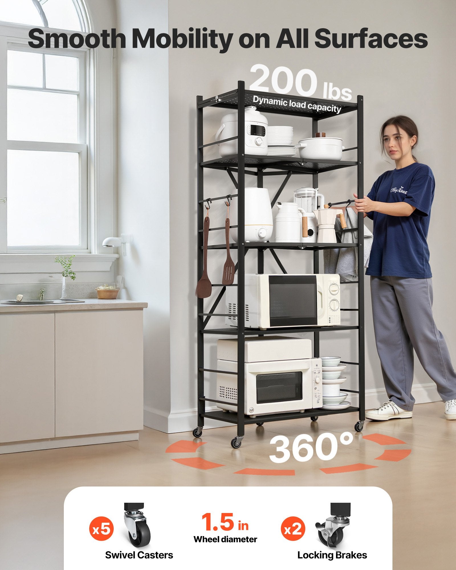 5-Tier Foldable Storage Shelf, 28W X 15D X 64H Inch Folding Metal Rack Shelving Unit, No Assembly Organizer Shelf With 5 Wheels & 4 Hooks For Pantry, Kitchen, Garage, Basement, Black