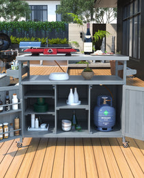 K&K Outdoor Kitchen Island, Rolling Bar Cart & Storage Cabinet, Farmhouse Solid Wood Outdoor Grill Table With Stainless Steel Top, Spice Rack , Towel Rack For Kitchen & BBQ , Grey Blue